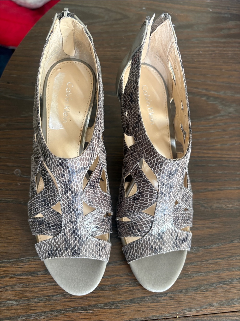 Calvin Klein Taupe Snake-Print Cutout Peep-Toe Heels